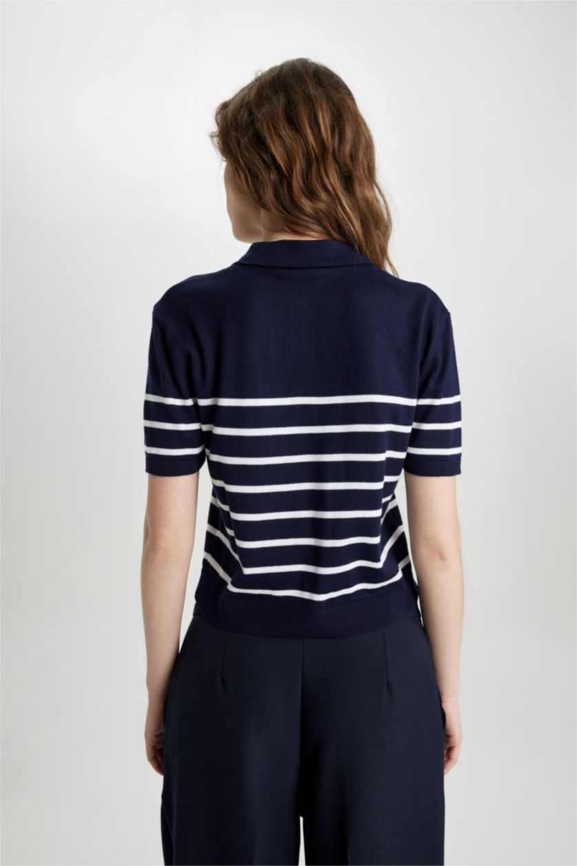 FEMME Marin T-Shirt Polo en tricot rayé à manches courtes Coupe régulière