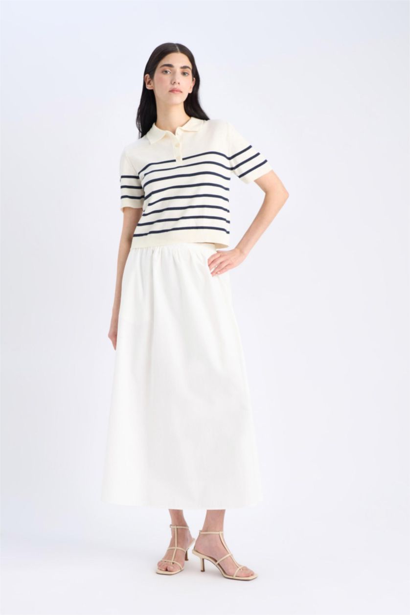 Kadın Ekru Regular Fit Polo Yaka Çizgili Kısa Kollu Triko Tişört