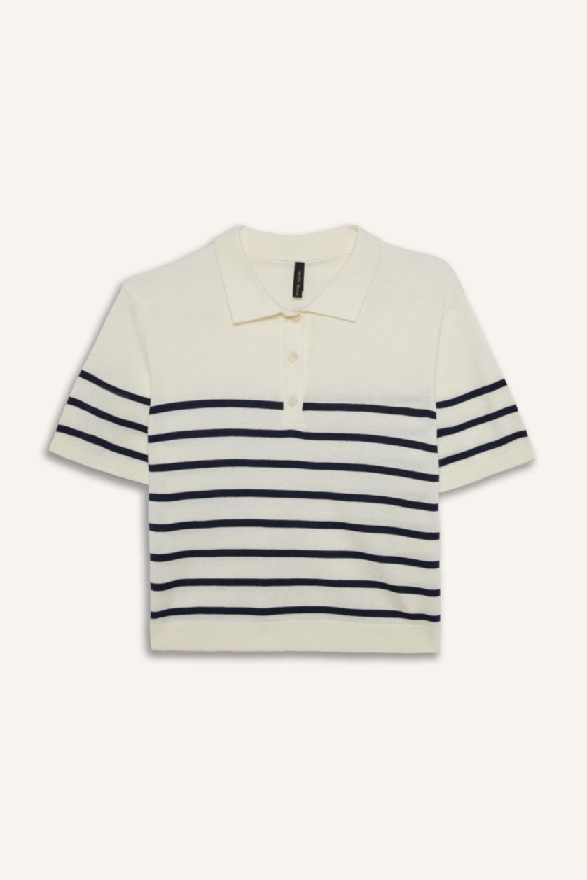 Kadın Ekru Regular Fit Polo Yaka Çizgili Kısa Kollu Triko Tişört