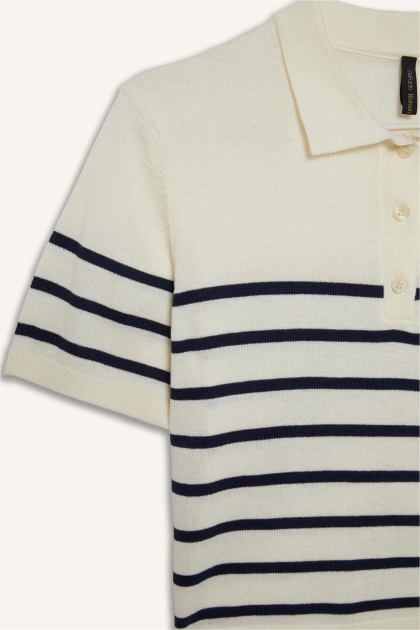 Kadın Ekru Regular Fit Polo Yaka Çizgili Kısa Kollu Triko Tişört