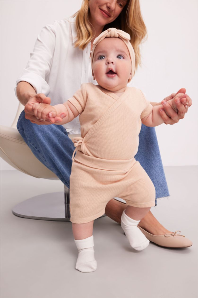 BABY GIRL Beige Baby Girl Waffle Snap Body Shorts Hair Band 3 Piece Set