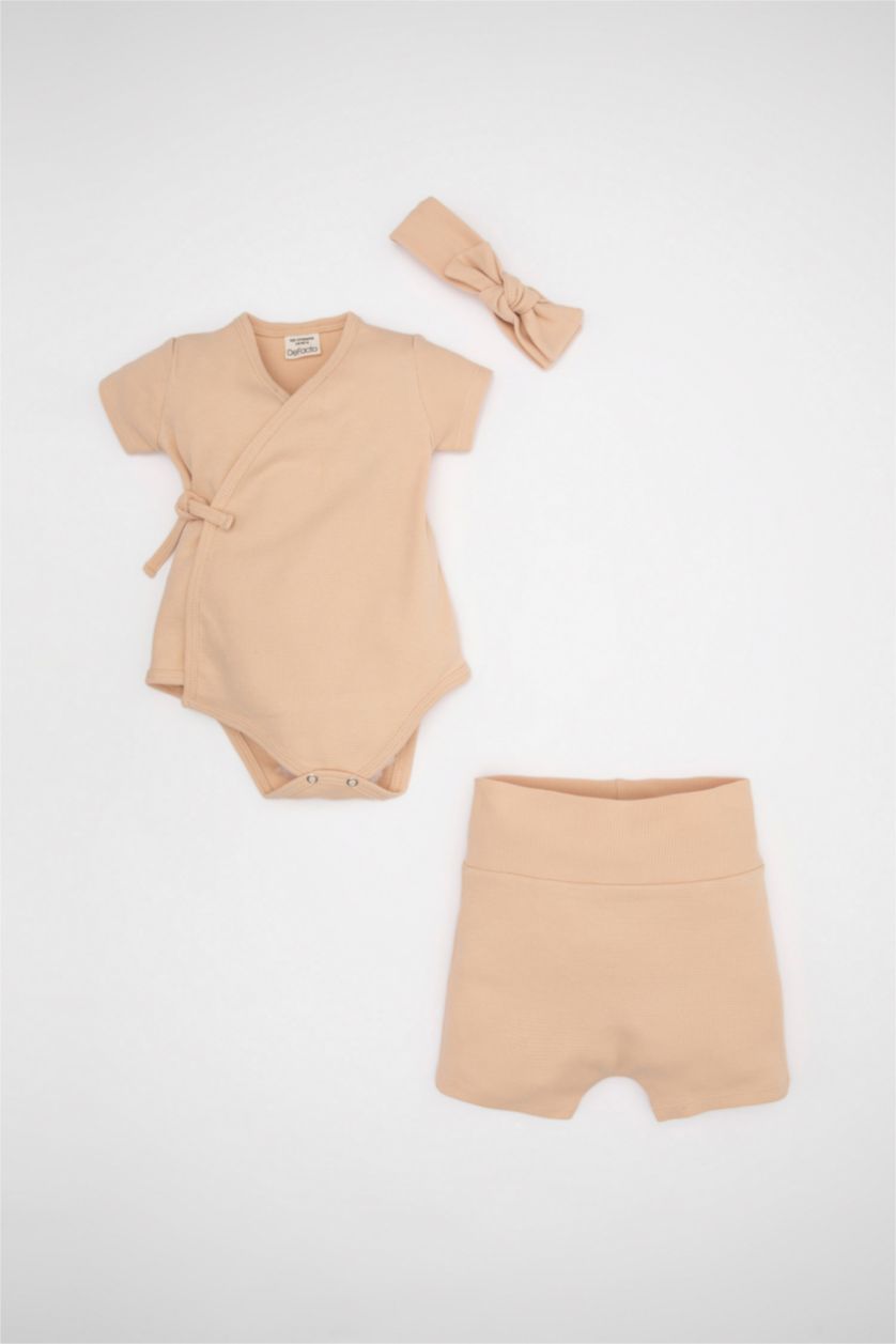 BABY GIRL Beige Baby Girl Waffle Snap Body Shorts Hair Band 3 Piece Set