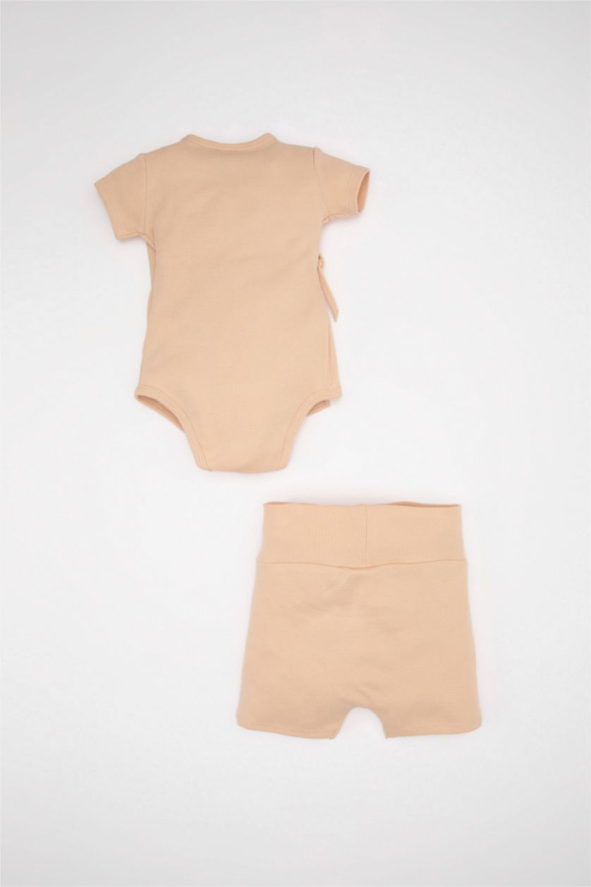 BABY GIRL Beige Baby Girl Waffle Snap Body Shorts Hair Band 3 Piece Set