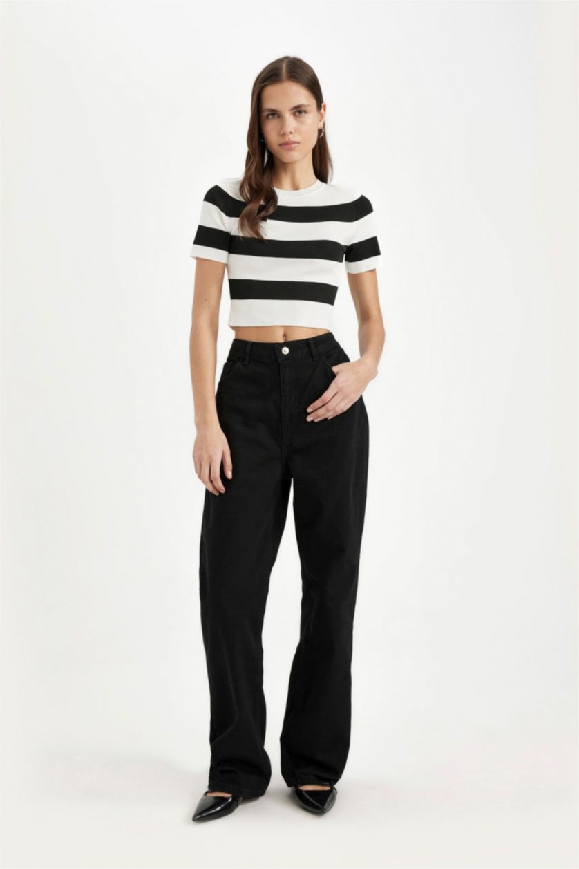 نساء أسود بلوز كروب مخطط نص ردن بياخة مستديرة