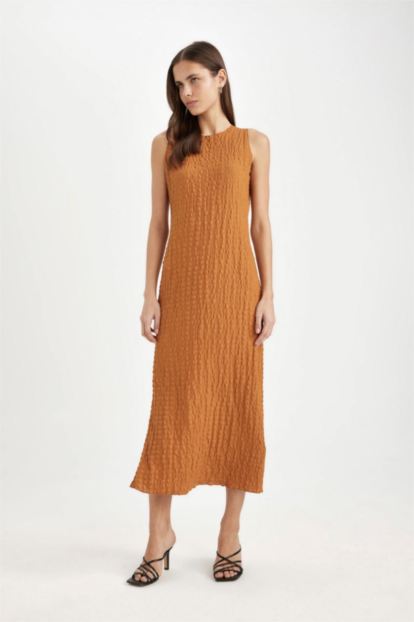 Woman Camel Bodycon Round Neck Wrap Sleeveless Midi Dress