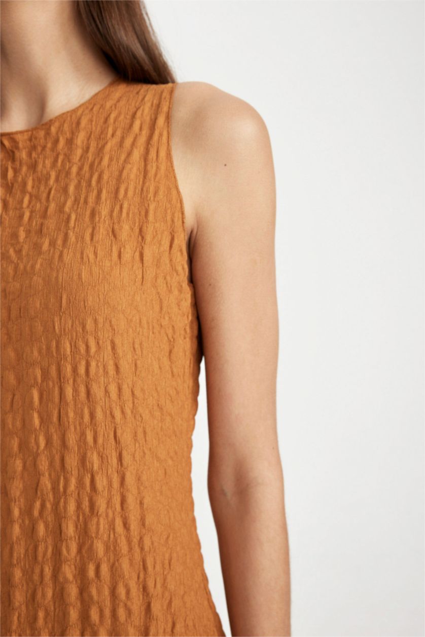 Woman Camel Bodycon Round Neck Wrap Sleeveless Midi Dress