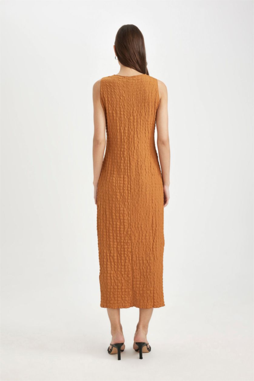 Woman Camel Bodycon Round Neck Wrap Sleeveless Midi Dress