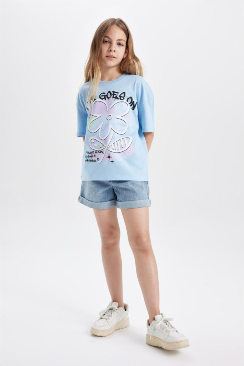 GIRLS & TEENS Blue Girl Relax Fit Printed Short Sleeve T-Shirt