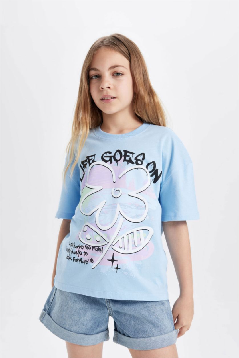 GIRLS & TEENS Blue Girl Relax Fit Printed Short Sleeve T-Shirt