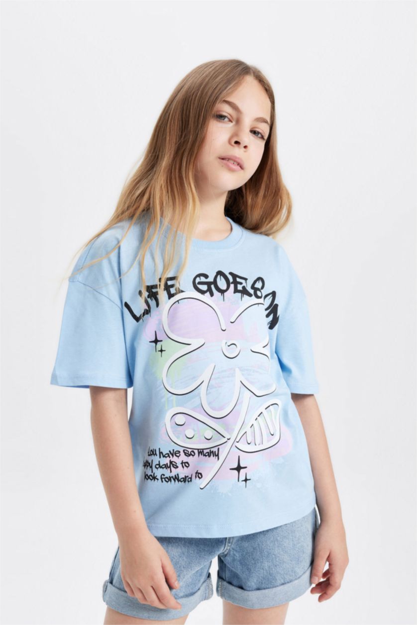 GIRLS & TEENS Blue Girl Relax Fit Printed Short Sleeve T-Shirt