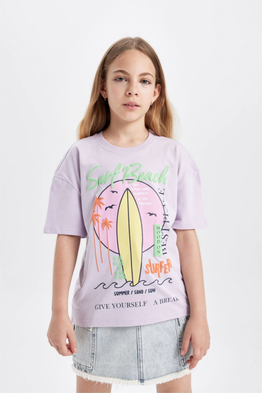 GIRLS & TEENS Light Lilac Girl's Relax Fit Printed Short Sleeve T-Shirt