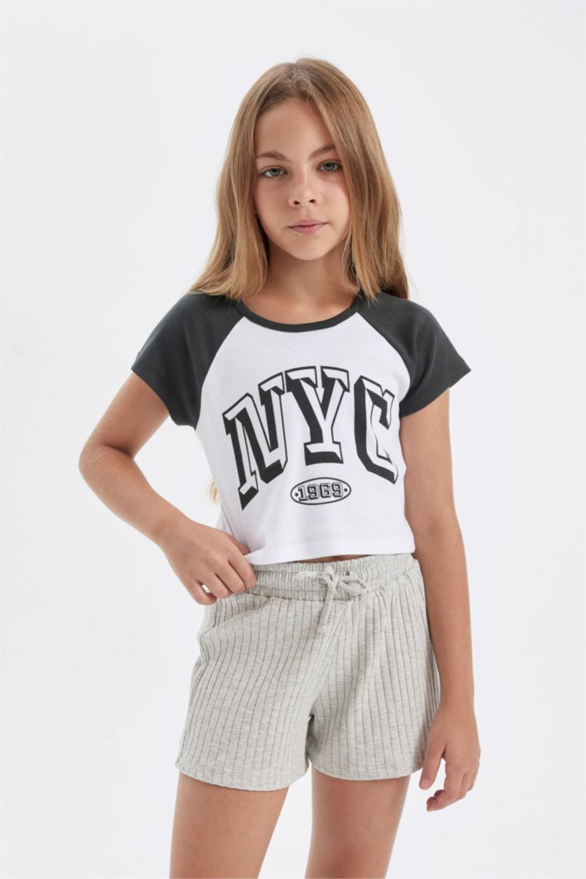 Girls & Teens Anthracite Girl Crew Neck Printed Crop T-Shirt