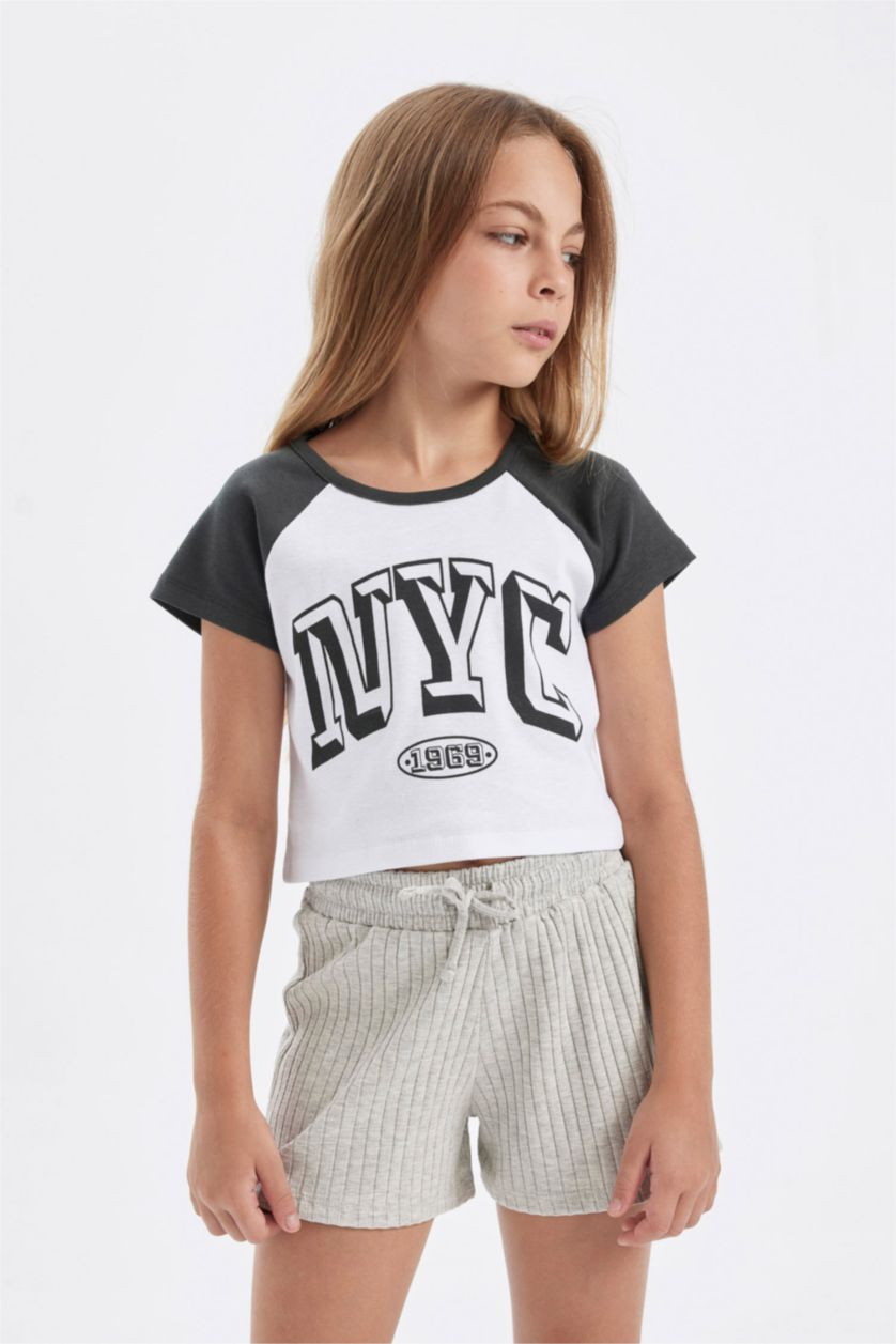 Girls & Teens Anthracite Girl Crew Neck Printed Crop T-Shirt