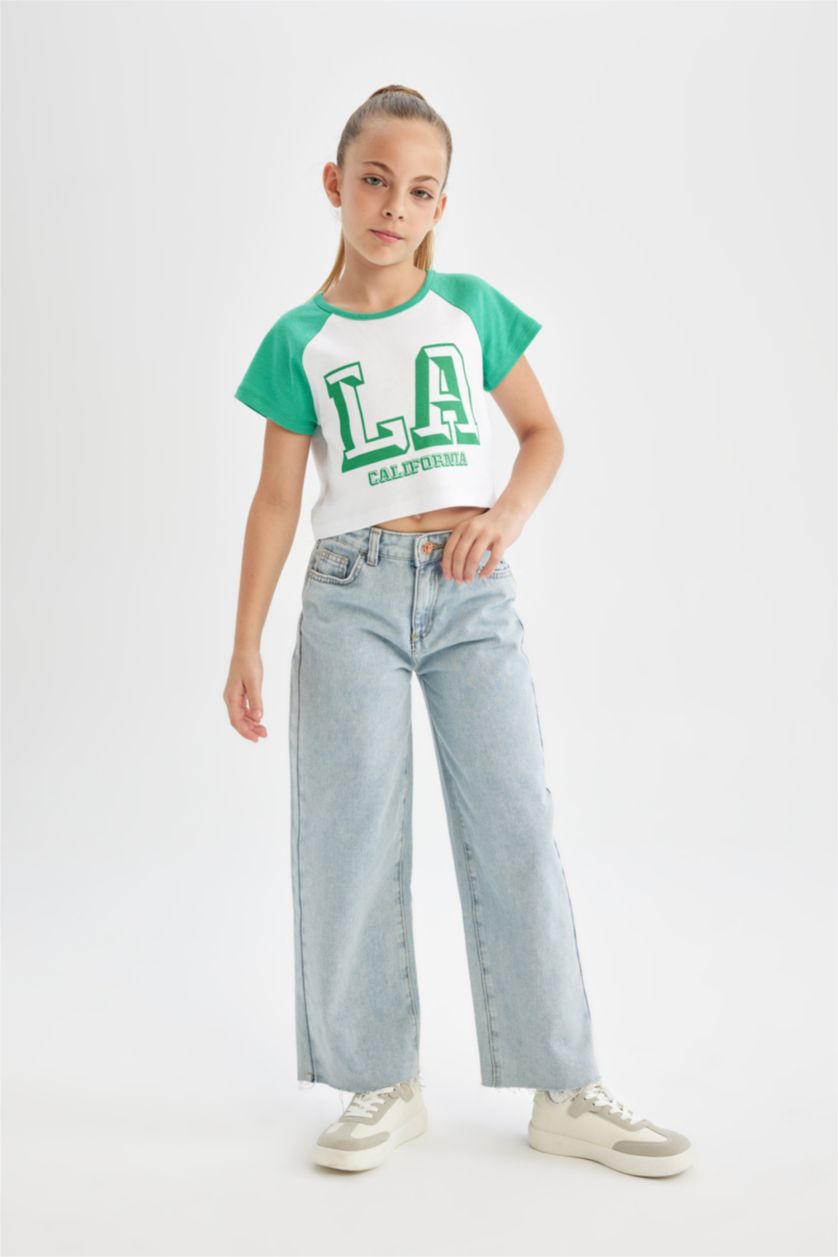 Kız Çocuk - Genç Kız Yeşil Crop Bisiklet Yaka Baskılı Kısa Kollu Tişört Kız Çocuk