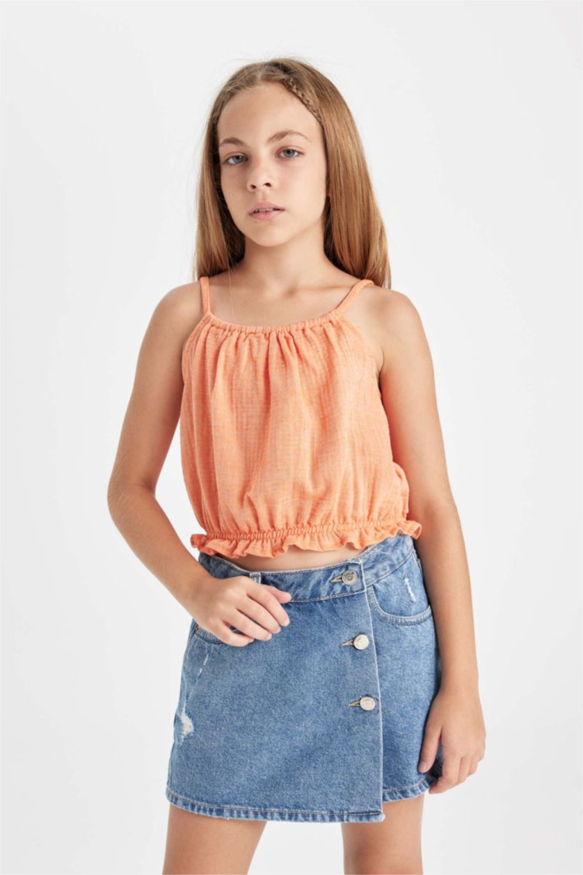 بنات برتقالي فاتح بلوزة بناتي قطن بحمالات