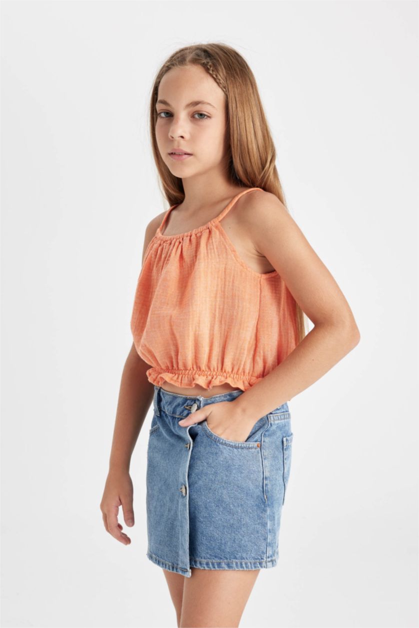 بنات برتقالي فاتح بلوزة بناتي قطن بحمالات