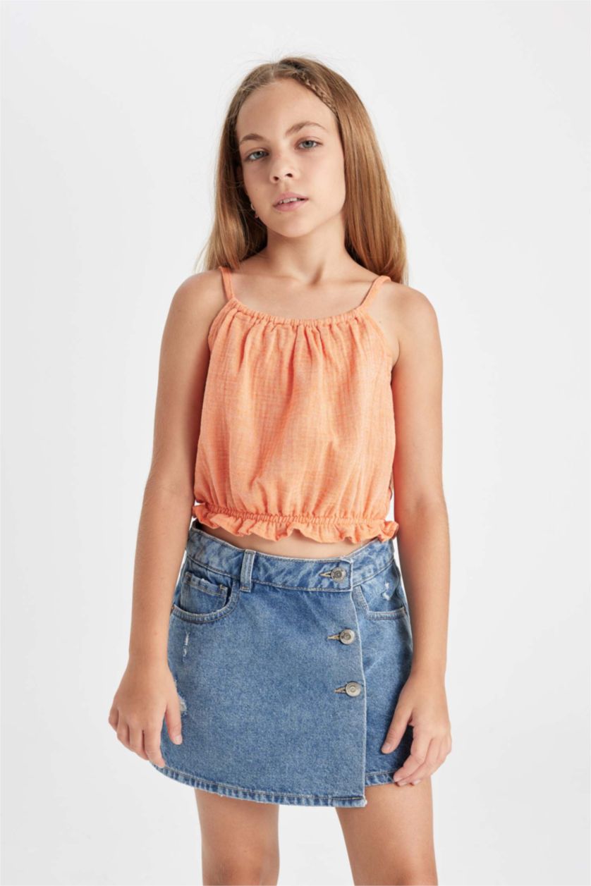 بنات برتقالي فاتح بلوزة بناتي قطن بحمالات