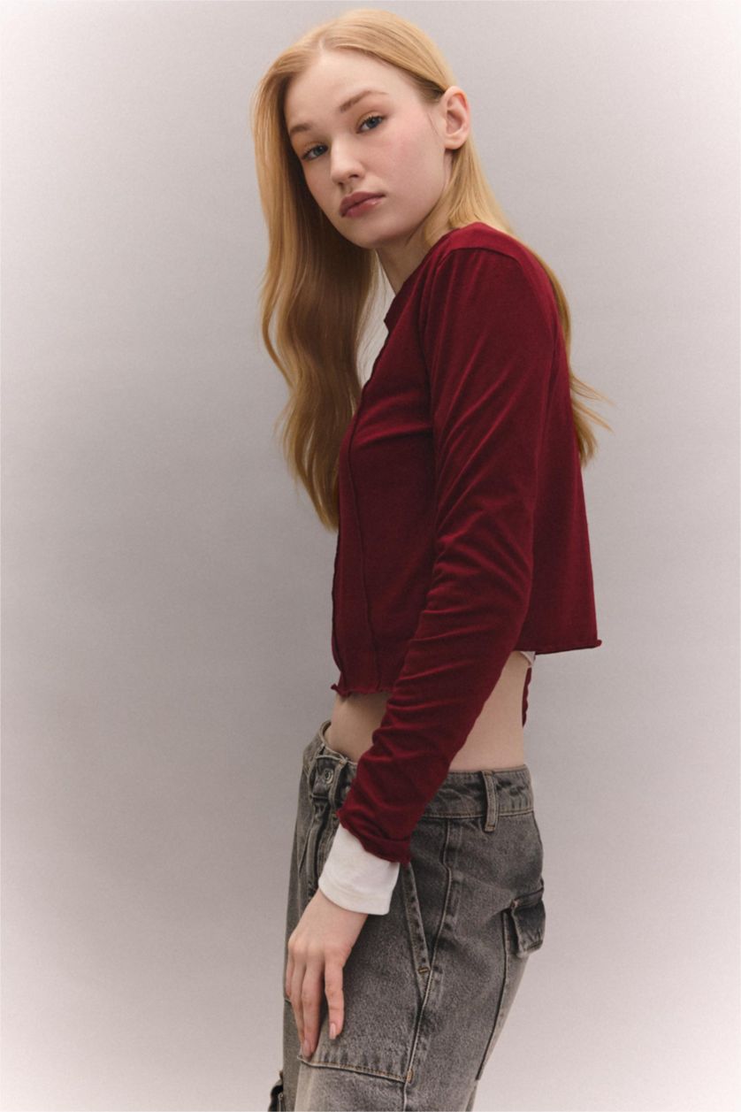 Kadın Bordo Fitted Bisiklet Yaka Basic Düz Crop Uzun Kollu Tişört