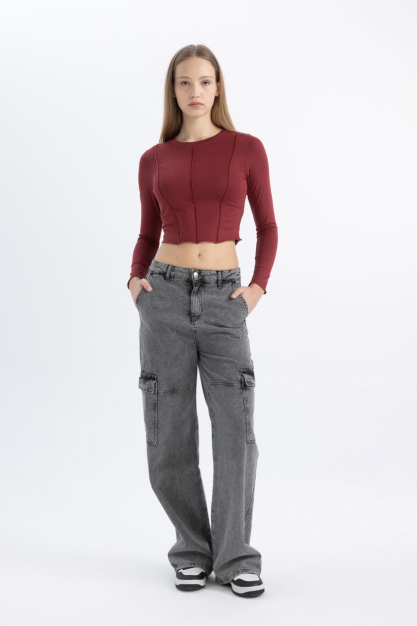 Kadın Bordo Fitted Bisiklet Yaka Basic Düz Crop Uzun Kollu Tişört