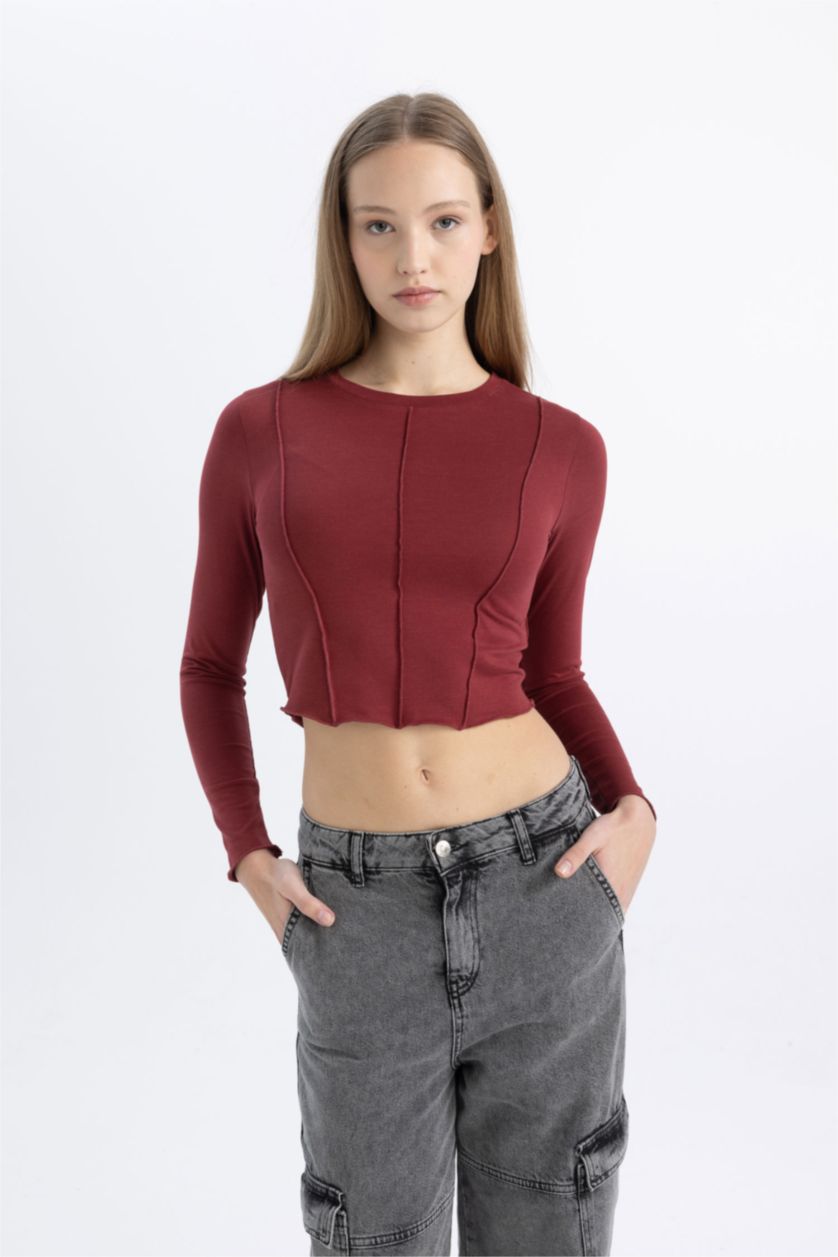 Kadın Bordo Fitted Bisiklet Yaka Basic Düz Crop Uzun Kollu Tişört