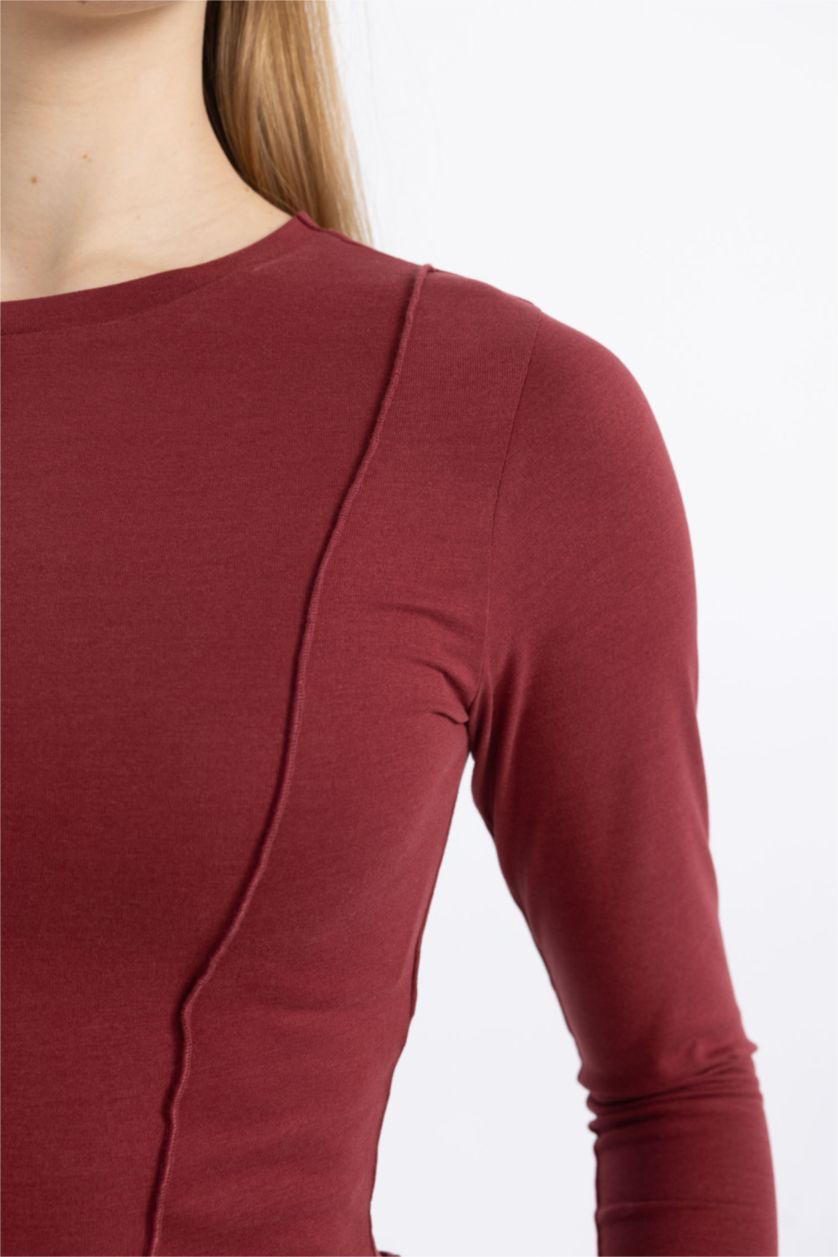 Kadın Bordo Fitted Bisiklet Yaka Basic Düz Crop Uzun Kollu Tişört
