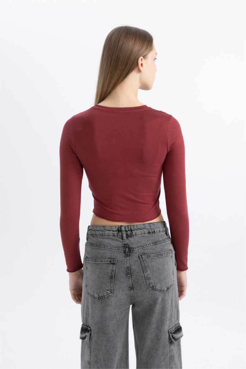 Kadın Bordo Fitted Bisiklet Yaka Basic Düz Crop Uzun Kollu Tişört