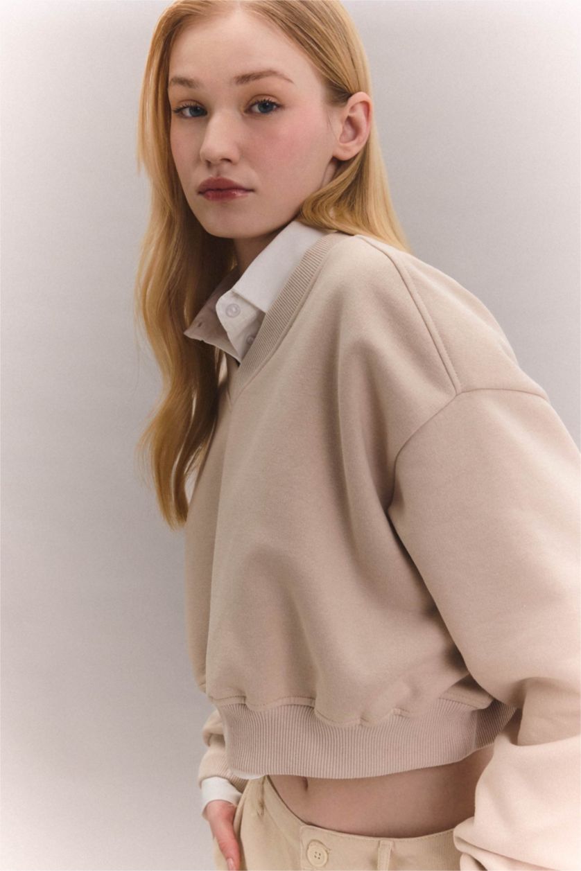 FEMME Beige Sweatshirt court basique à Col en V