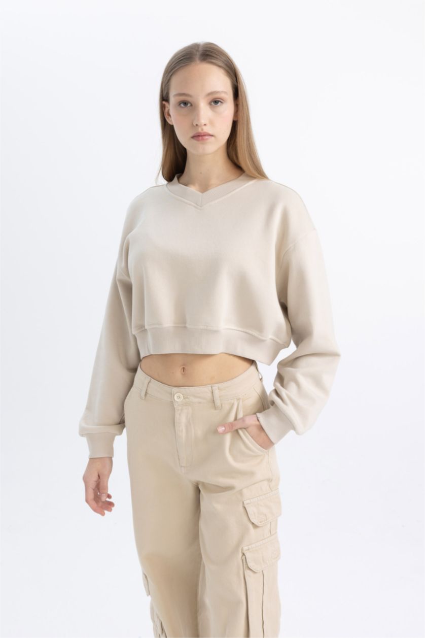 FEMME Beige Sweatshirt court basique à Col en V