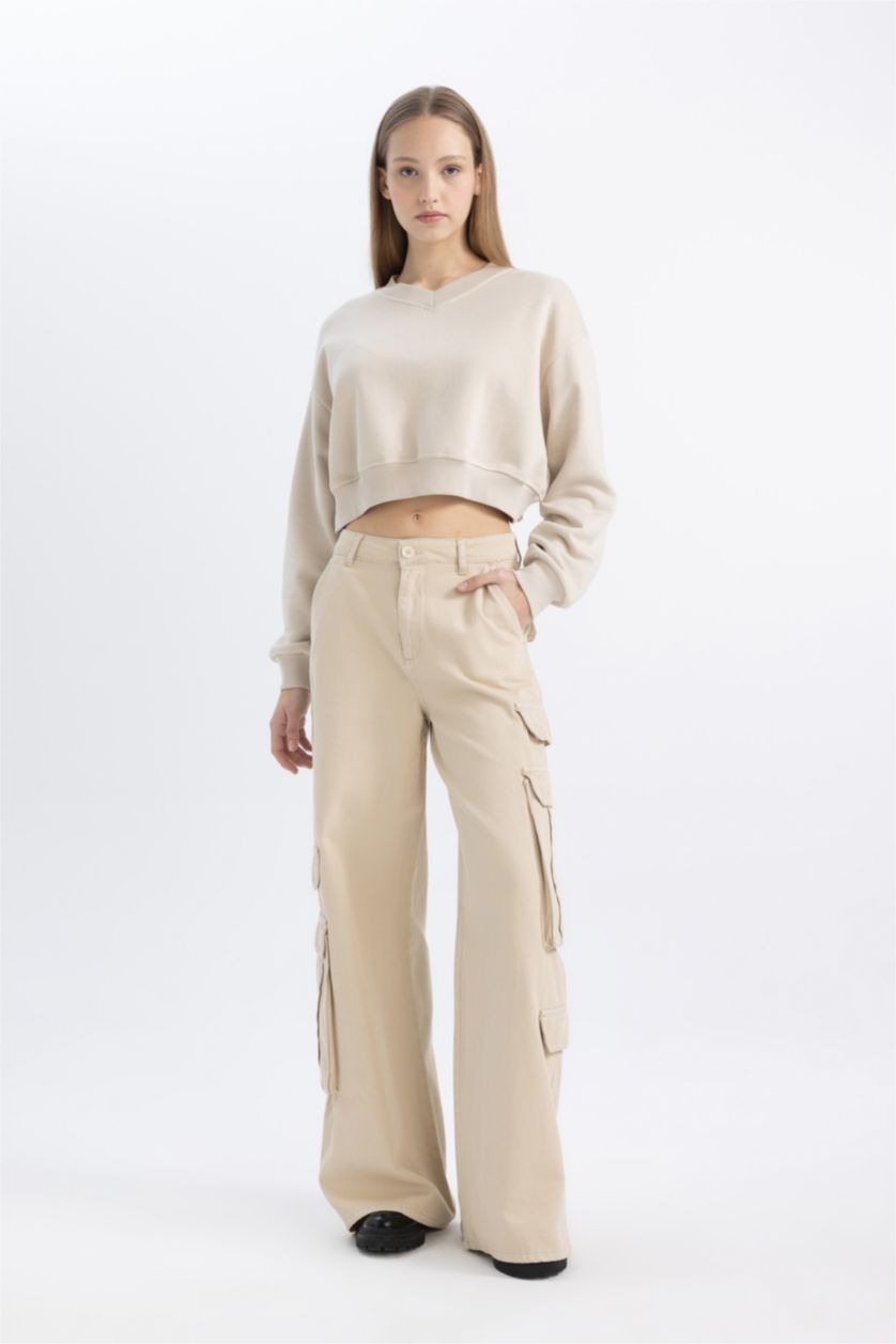 FEMME Beige Sweatshirt court basique à Col en V