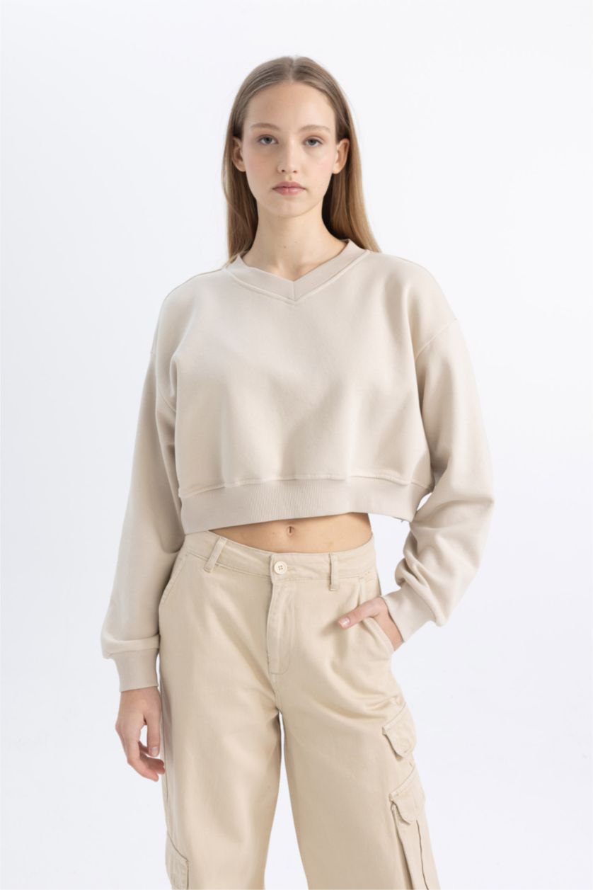 FEMME Beige Sweatshirt court basique à Col en V