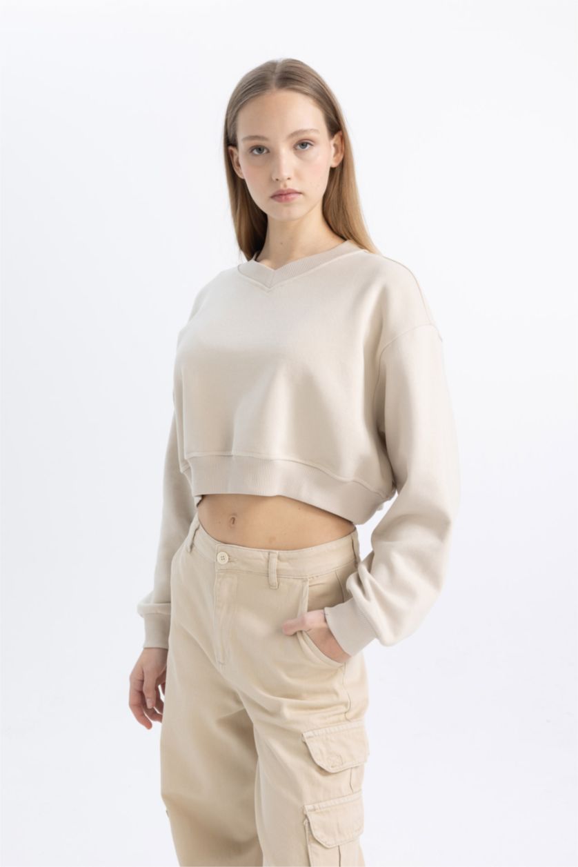 FEMME Beige Sweatshirt court basique à Col en V