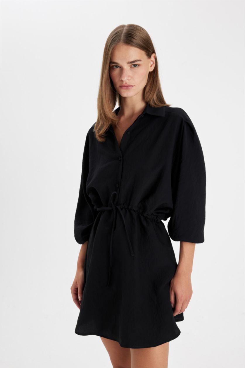 FEMME Noir Mini Robe noire basique à col chemise et ceinture