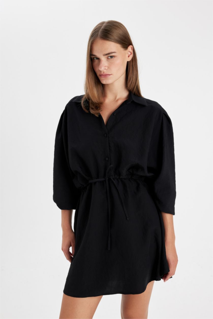 FEMME Noir Mini Robe noire basique à col chemise et ceinture