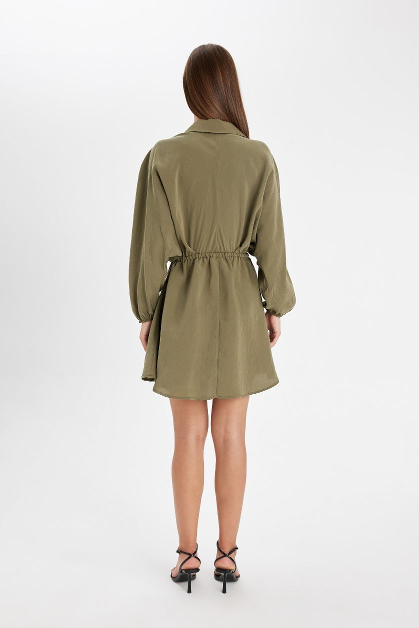 WOMAN Khaki Shirt Collar Waist Gathered Lace Basic Mini Dress