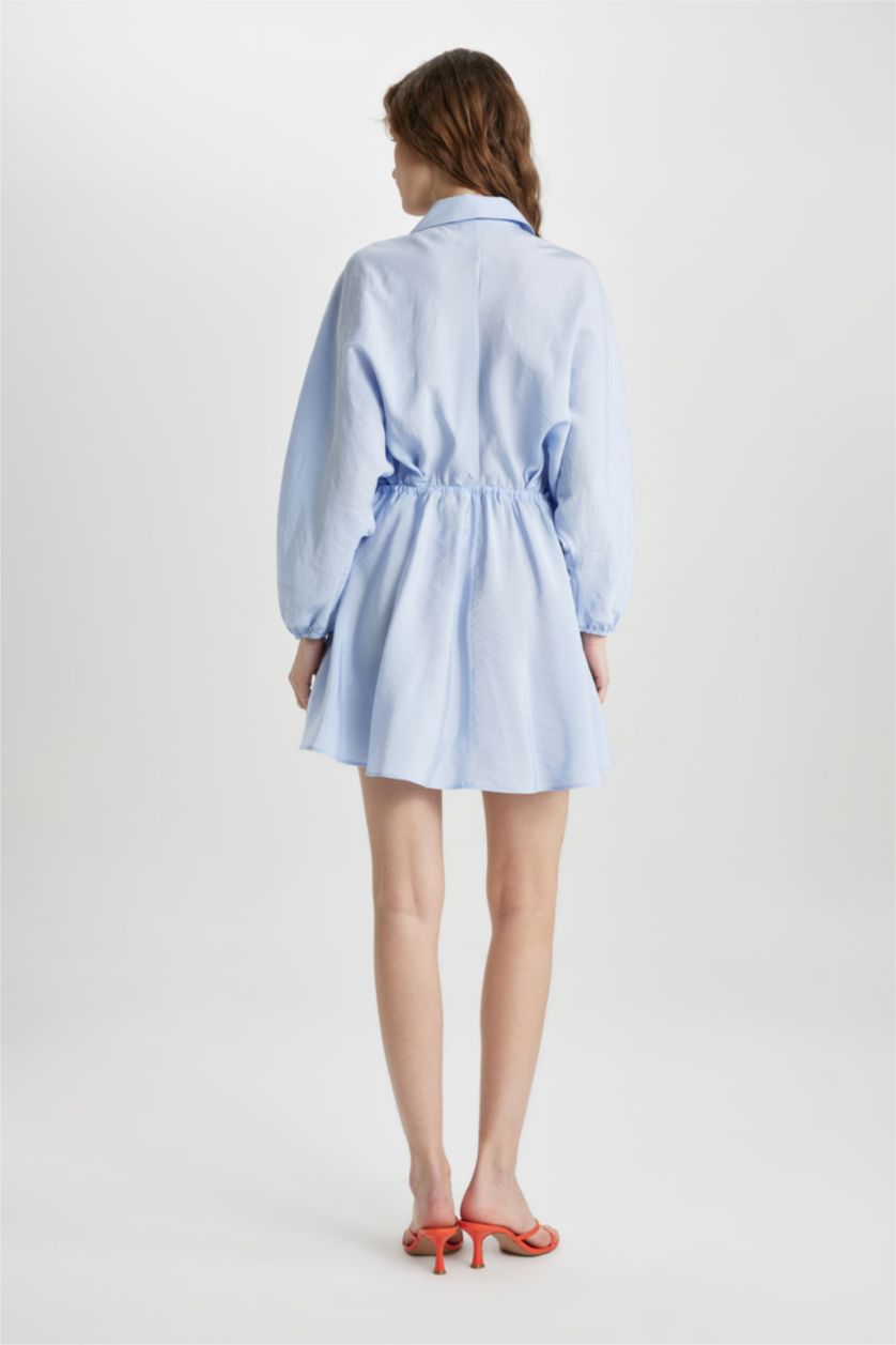 نساء أزرق فستان قصير كم طويل برقبة قميص