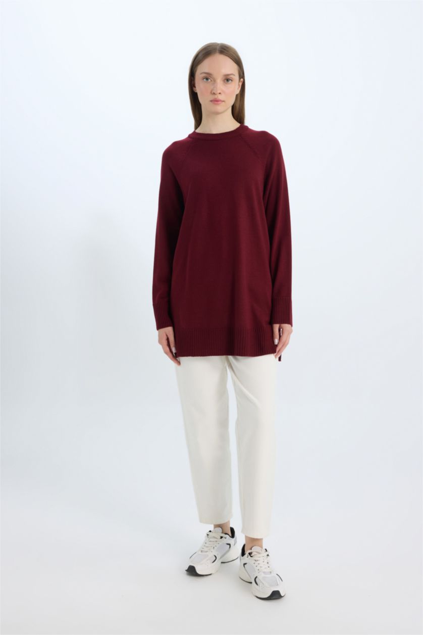 Kadın Bordo Regular Fit Bisiklet Yaka Basic Düz Triko Bordo Kazak Tunik	