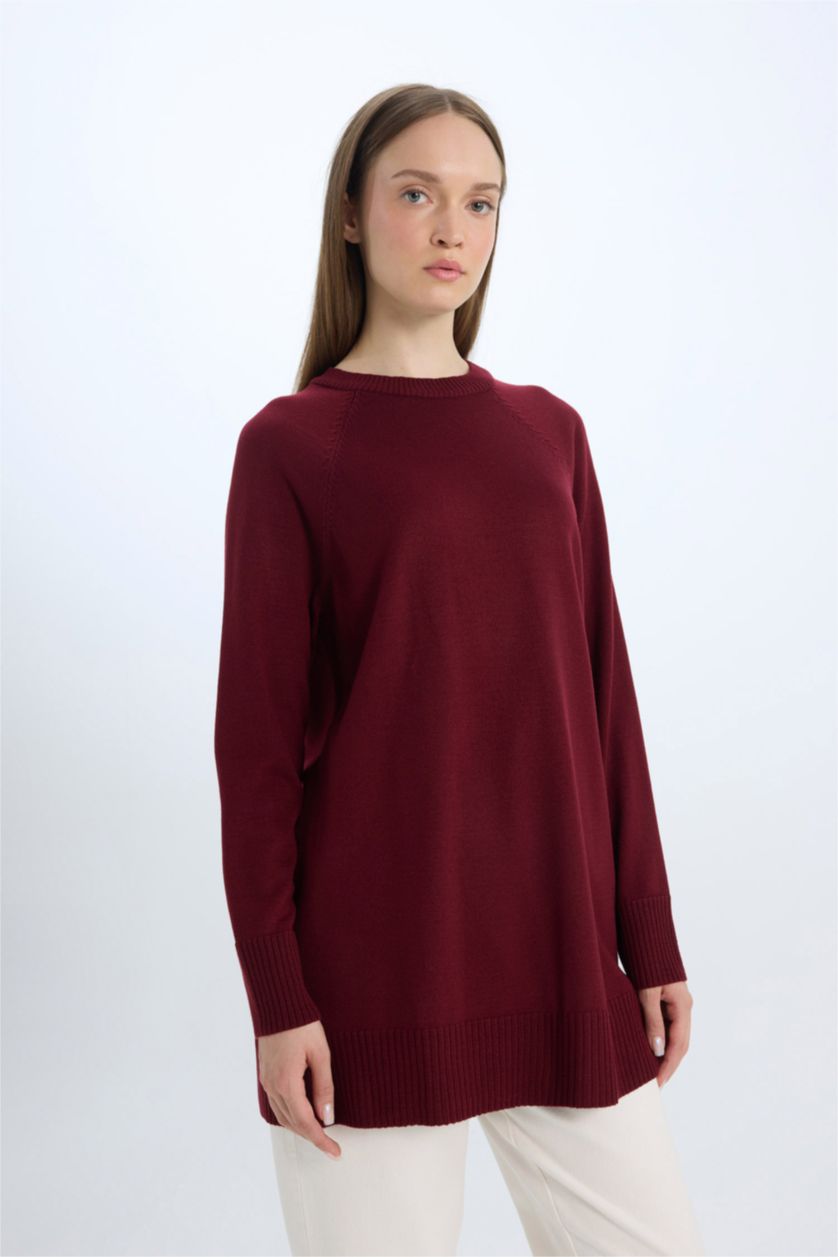 Kadın Bordo Regular Fit Bisiklet Yaka Basic Düz Triko Bordo Kazak Tunik	