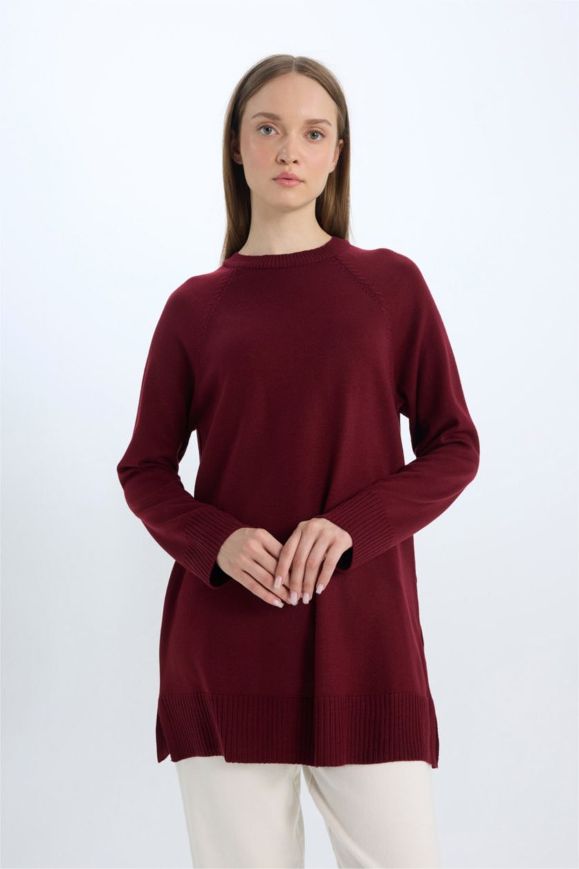 Kadın Bordo Regular Fit Bisiklet Yaka Basic Düz Triko Bordo Kazak Tunik	