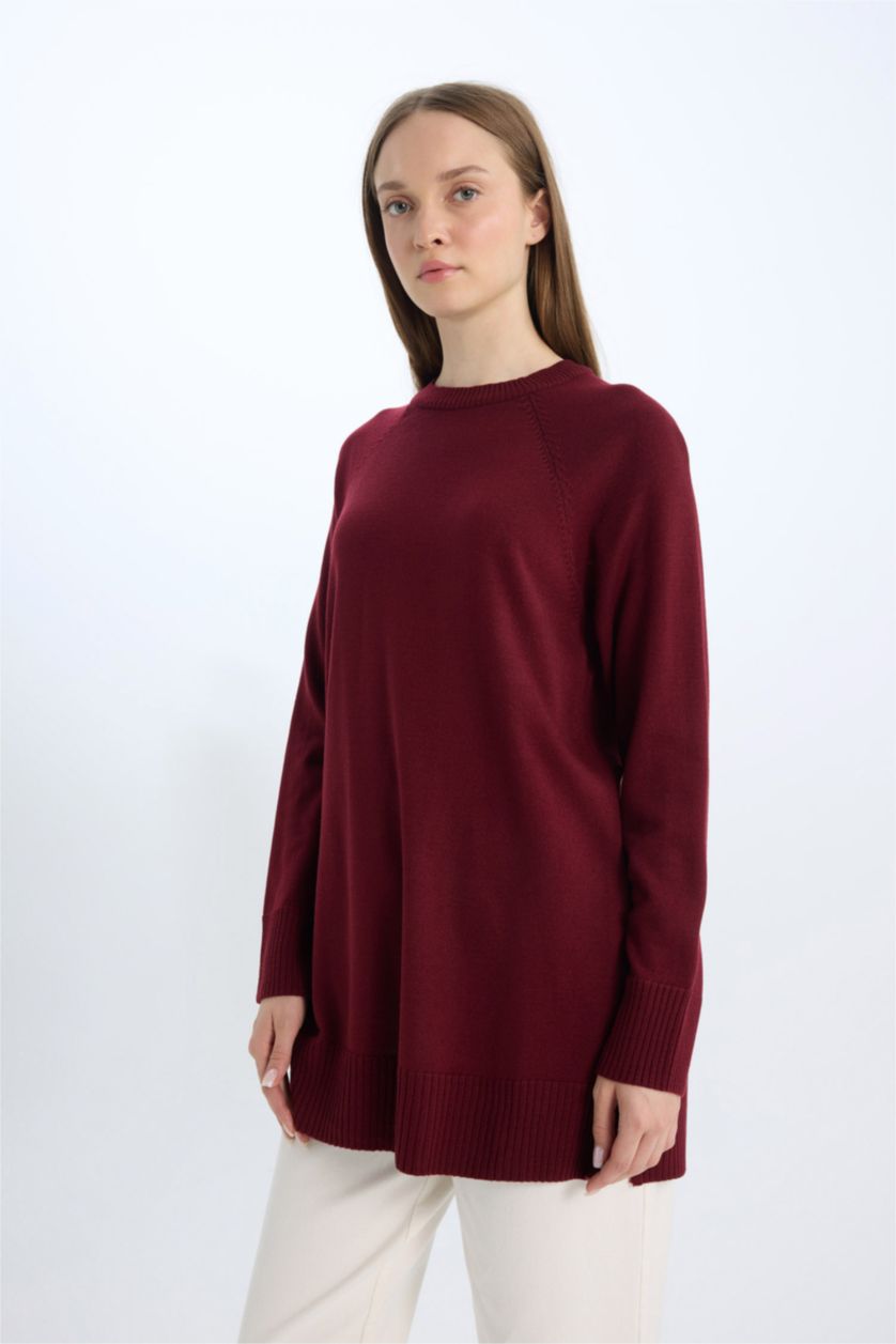 Kadın Bordo Regular Fit Bisiklet Yaka Basic Düz Triko Bordo Kazak Tunik	