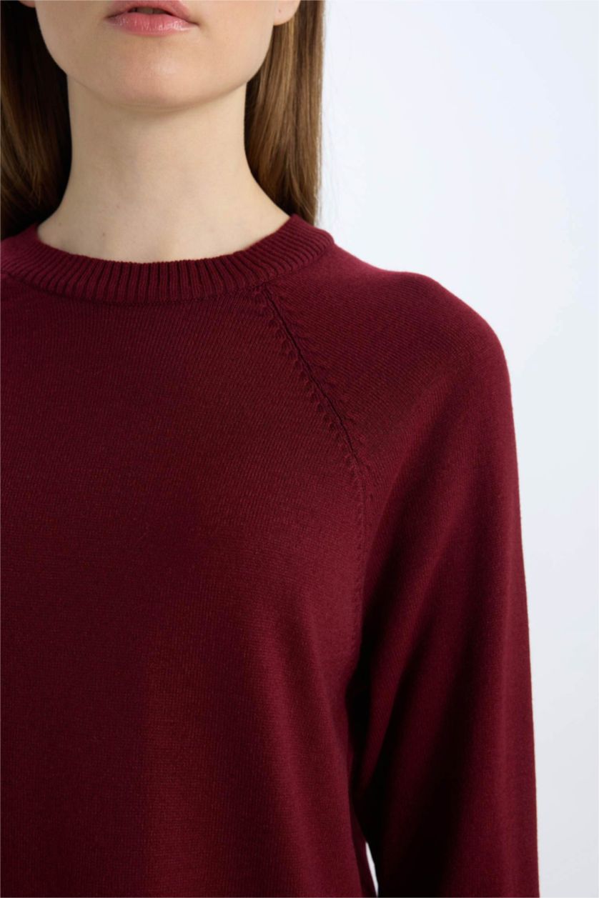 Kadın Bordo Regular Fit Bisiklet Yaka Basic Düz Triko Bordo Kazak Tunik	