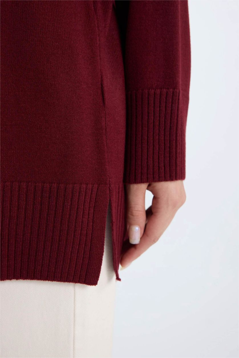 Kadın Bordo Regular Fit Bisiklet Yaka Basic Düz Triko Bordo Kazak Tunik	