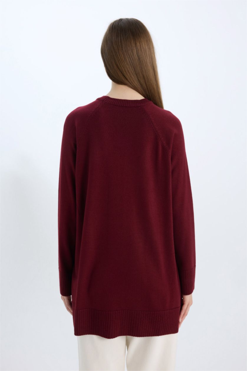 Kadın Bordo Regular Fit Bisiklet Yaka Basic Düz Triko Bordo Kazak Tunik	