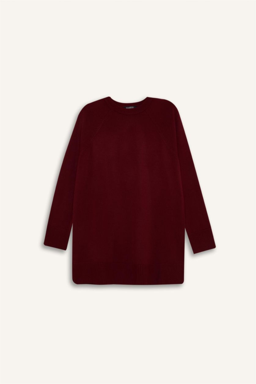 Kadın Bordo Regular Fit Bisiklet Yaka Basic Düz Triko Bordo Kazak Tunik	