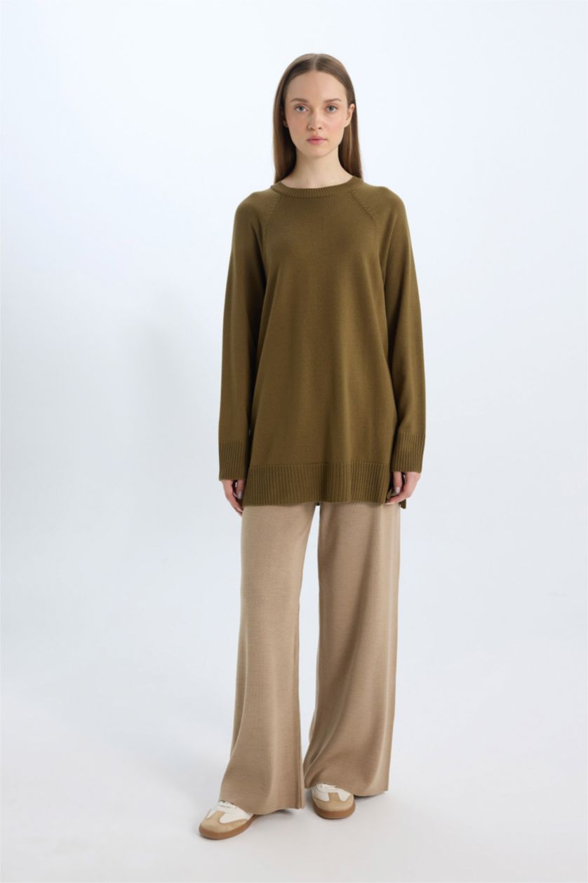 WOMAN Olive Regular Fit Crew Neck Basic Knitted Pullover Tunic