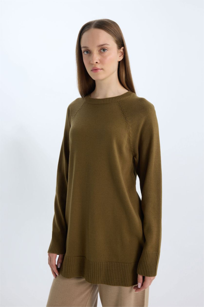 WOMAN Olive Regular Fit Crew Neck Basic Knitted Pullover Tunic