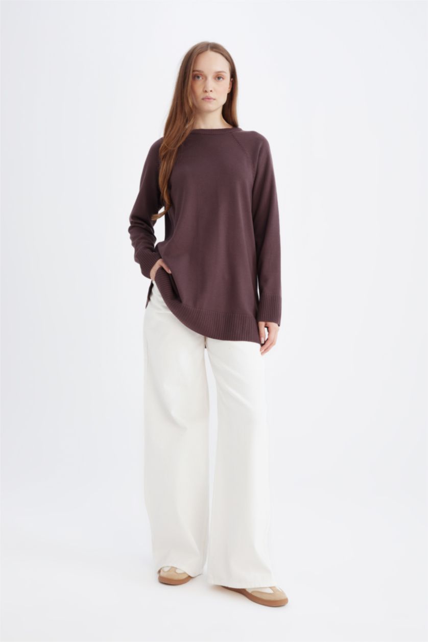 FEMME Violet Pull en Tricot basique à col rond et coupe régulière