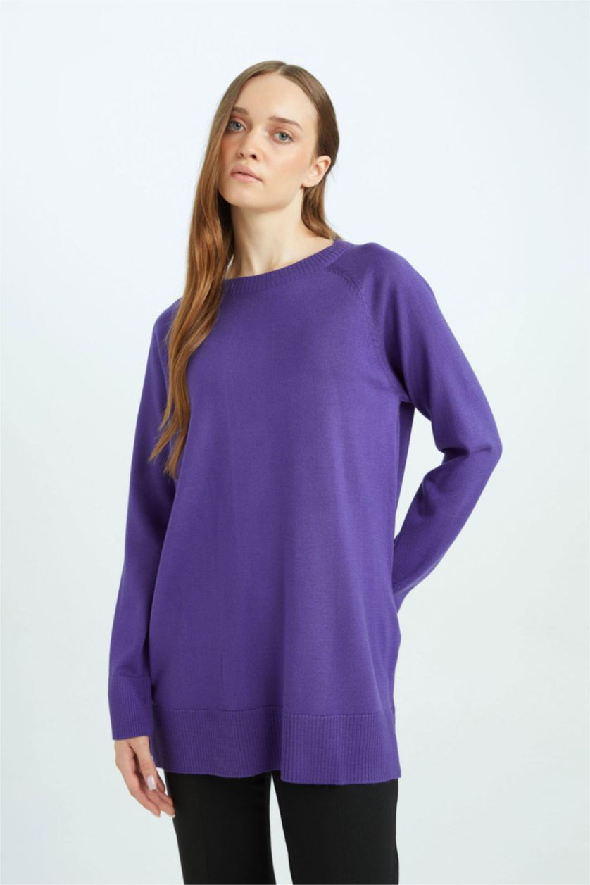 Kadın Mor Regular Fit Bisiklet Yaka Basic Düz Triko Kazak Tunik	