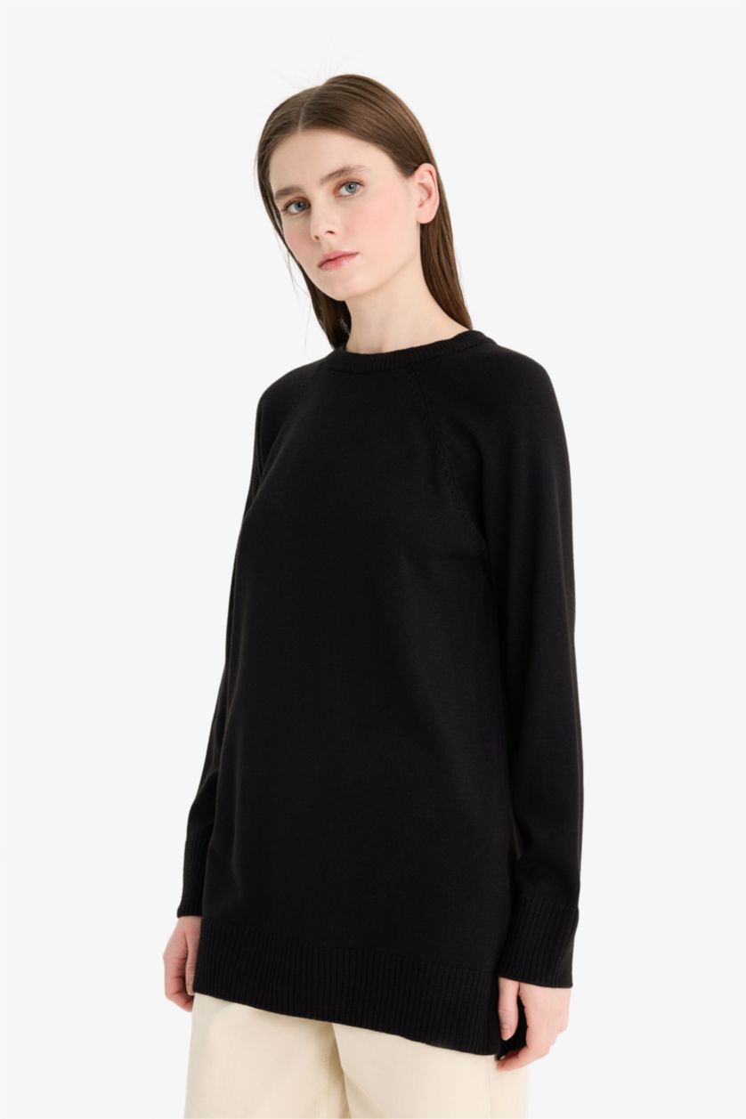 WOMAN Black Regular Fit Crew Neck Basic Tunic Pullover