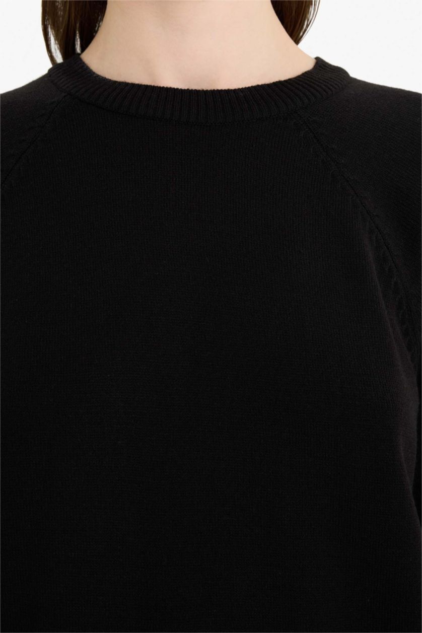 WOMAN Black Regular Fit Crew Neck Basic Tunic Pullover
