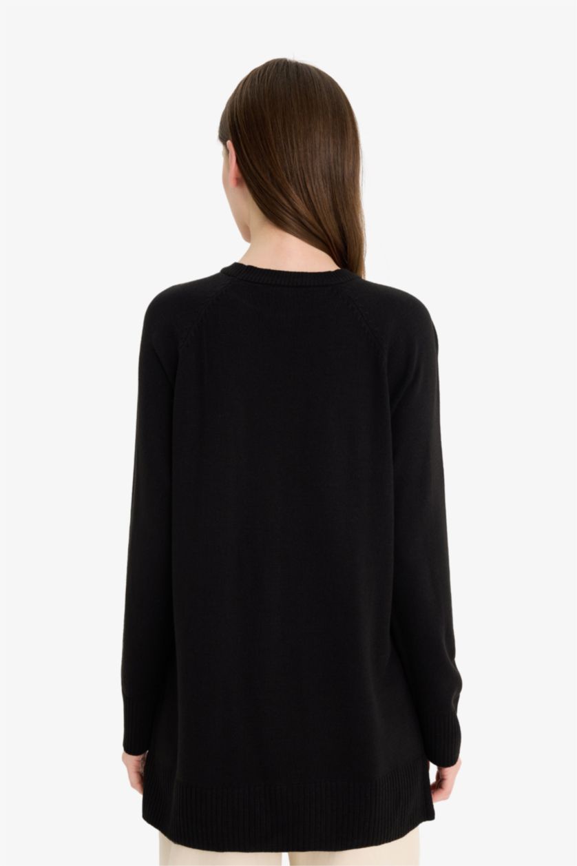 WOMAN Black Regular Fit Crew Neck Basic Tunic Pullover